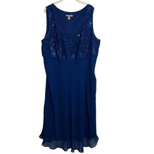 Maya Brooke Womens Dress 22W Navy Blue Sequin Bodice Chiffon Overlay Midi flaw